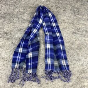 Royal Rossi Scarf 100% Cashmere Blue White Plaid 44" Long Fringe Preppy Wrap